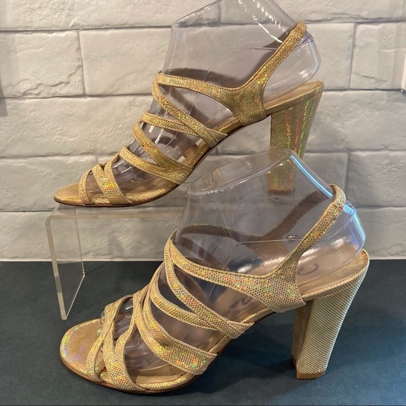 NWT sz 8.5 David Aaron gold metallic iridescent strappy heeled sandals - Picture 4 of 16